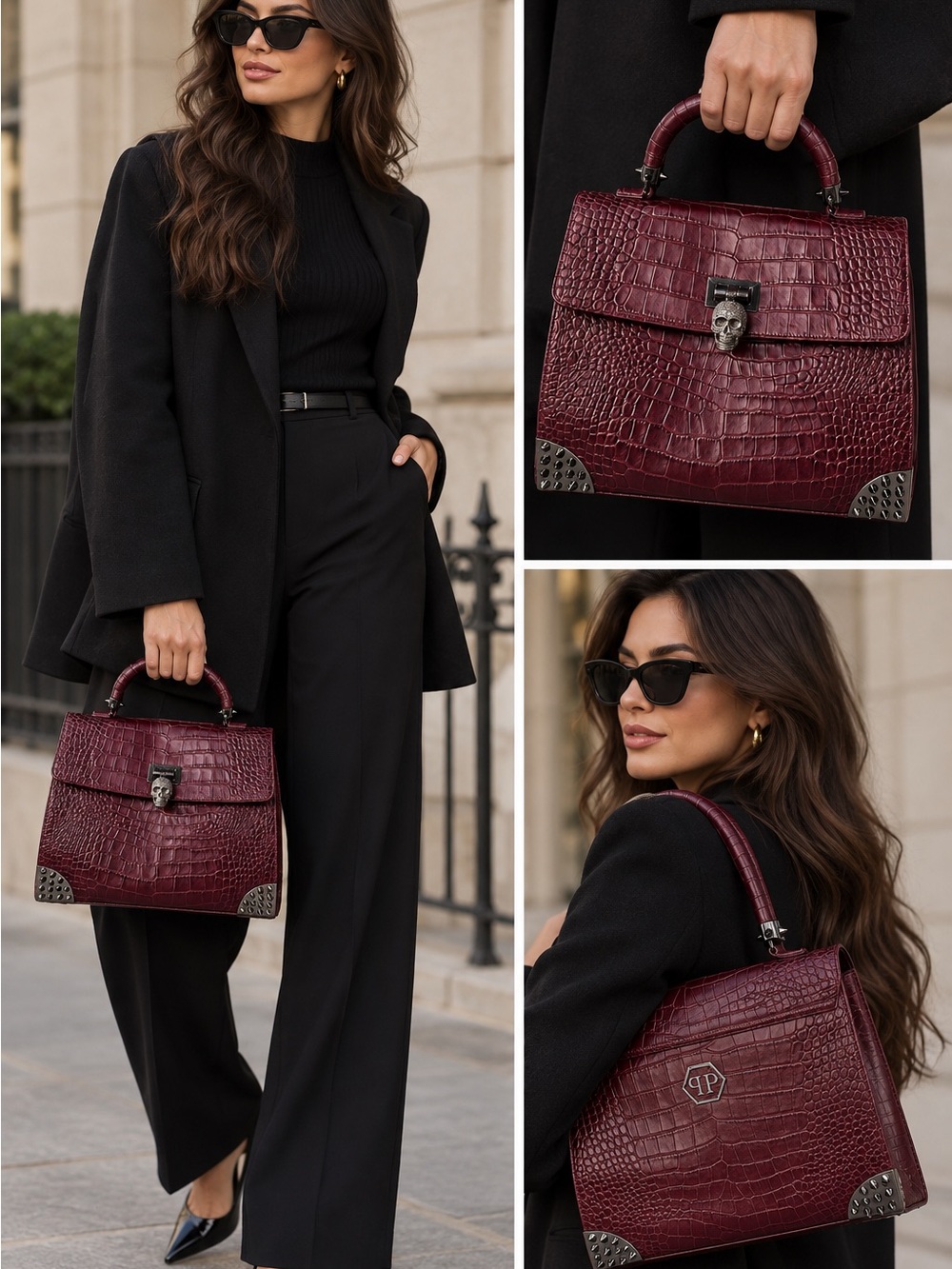 Stunning Philipp Plein Croc-Embossed Burgundy Shoulder Bag with Skull Clasp
